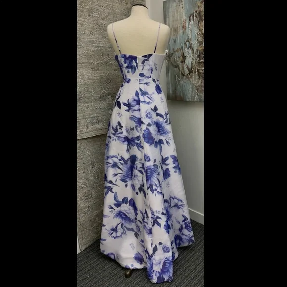 Bariano Anne Asymmetrical Blue Floral Gown